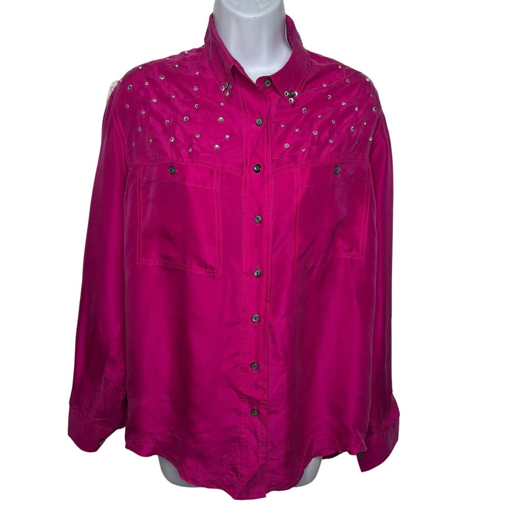 Vintage Rafferty Silk Rhinestone Cowgirl Button Down Hot Pink Top M